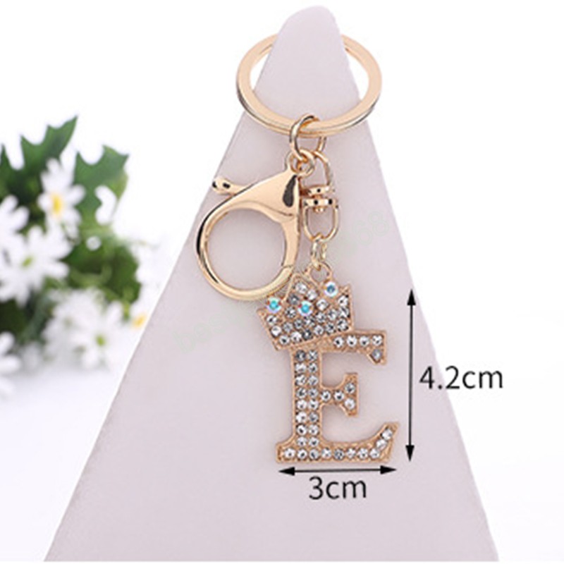 Fashion Shiny Rhinestone Letter Key Rings Gold Color Crown A-Z Initials Keychain Women Bag Hanging Pendant Keyrings