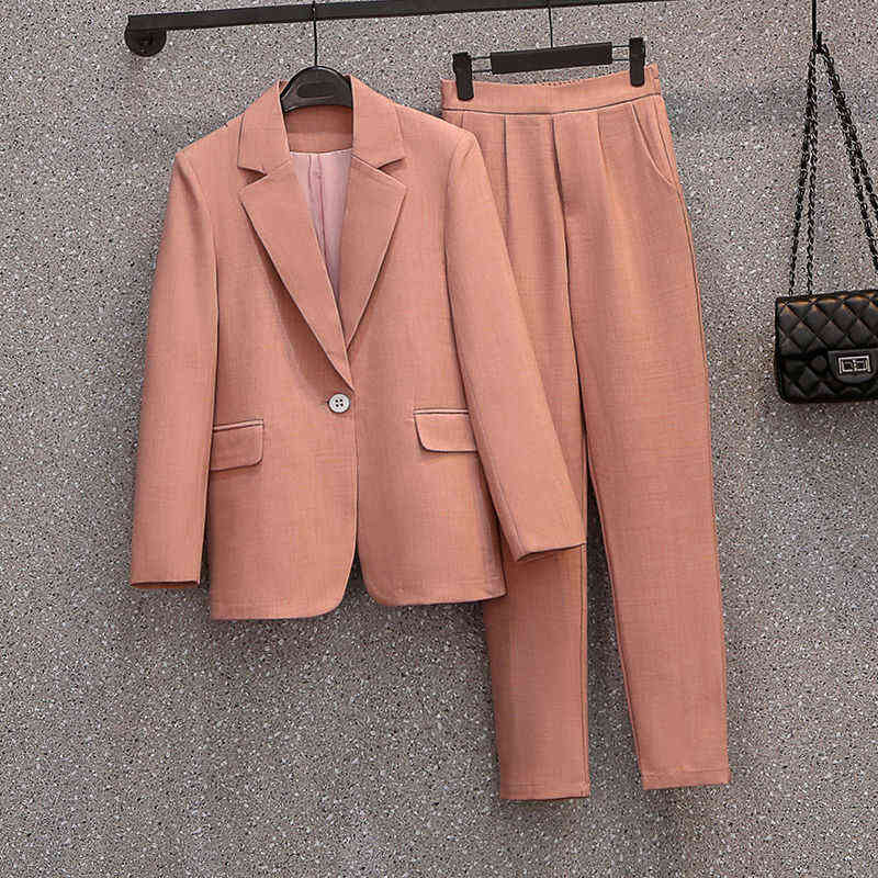 Two Pieces Set Women Single Breasted Long Sleeve Solid Color Office Blazer Jacket Elegant Slim Tops High Waist Pant Suits 211122