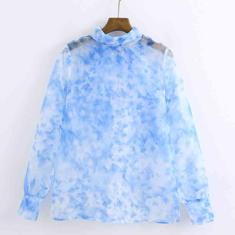 Transparent Voile Printed Bow Tie Blouses Women Fashion Print Tops Elegant Ladies Long Sleeve Shirts 210520