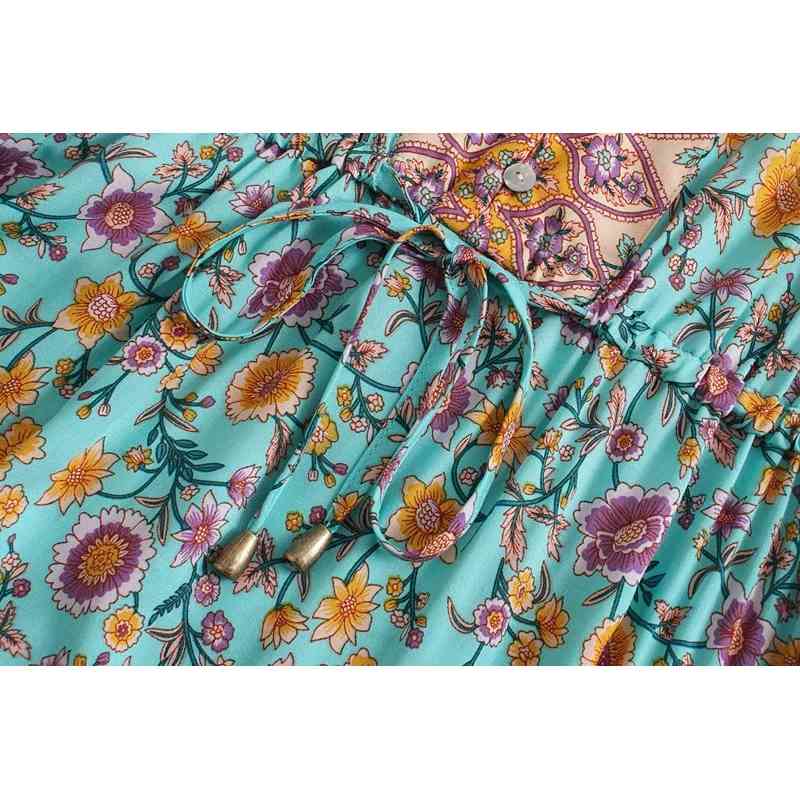 Bohemia Buttons Contrast Color Floral print Dress Summer Holiday WomanShort Sleeve Adjust Strappy Maxi Long Beach 210429