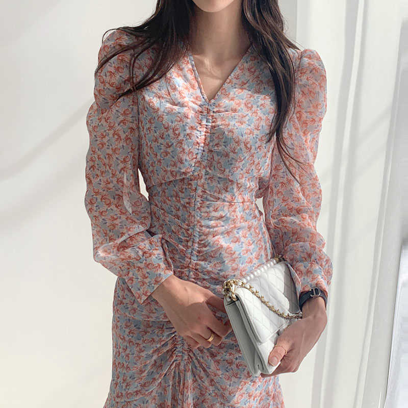 LY VAREY LIN Spring Women V-Neck Ruched A-line Dress Ruffles Floral Print Slim Waist Midi Female 210526