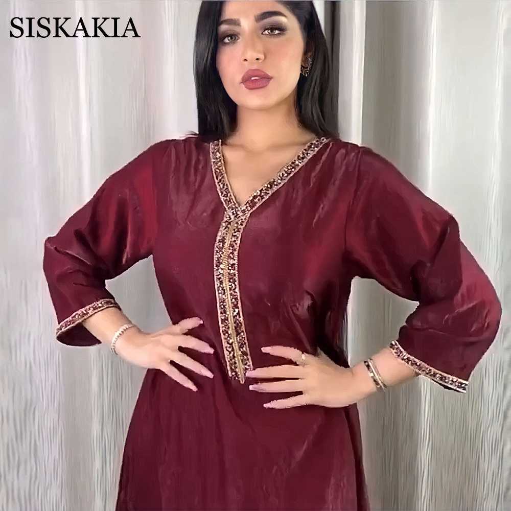 Siskakia Jalabiya Long Sleeve Maxi Dress for Women Fall Dubai Abaya Fashion Diamond Ribbon V Neck Muslim Arabic Robe 210630