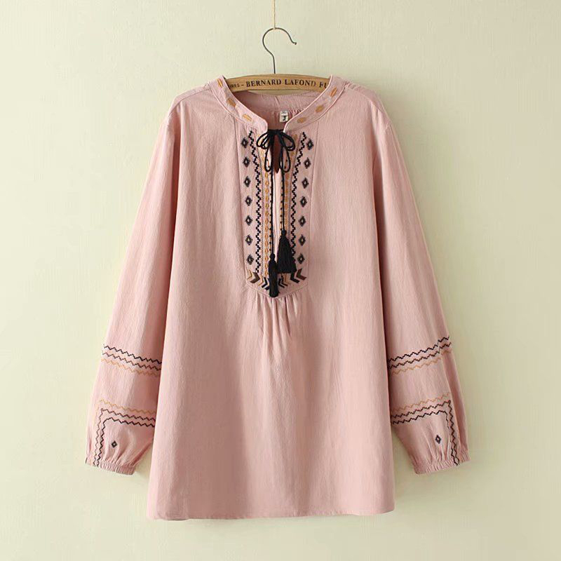 Spring Autumn Arts Style Women Long Sleeve Loose Shirts Embroidery V-neck Cotton Linen Blouse Vintage Top Plus Size D443 210512