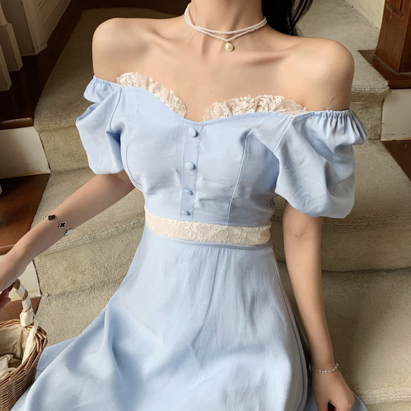 Puff Sleeve High Waist Retro Dress Women's Square Collar A-line Midi Korean Style Summer Elegant Female Clothes 210519