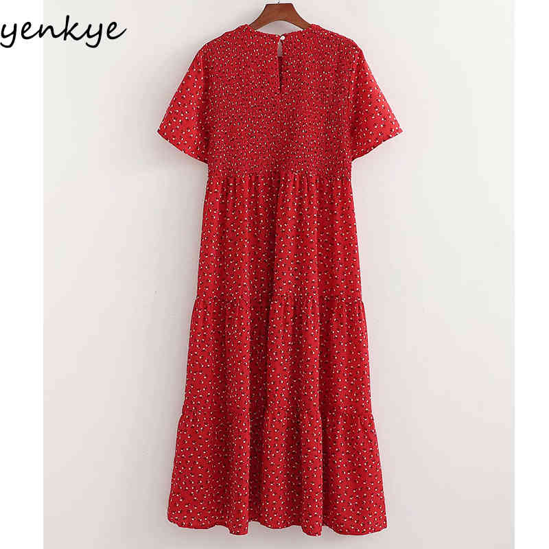 Summer Women Floral Print Red Dress Female Short Sleeve O Neck Robe Slim Casual Long 210430