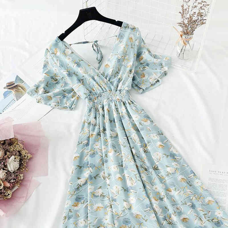 Elegant Ruffles Chiffon Women Long Dress Floral Print Summer Sexy V-neck Backless Maxi Beach Dress Short Sleeve Vestidos 210521
