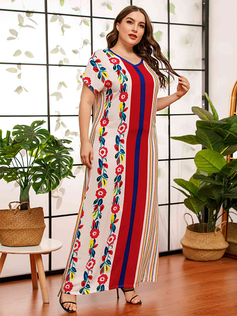 Siskakia Comfortable Viscose print Plus Size Dresses for Women Summer V Neck Short Sleeve Maxi Long Dress Casual Arab Clothing 210331