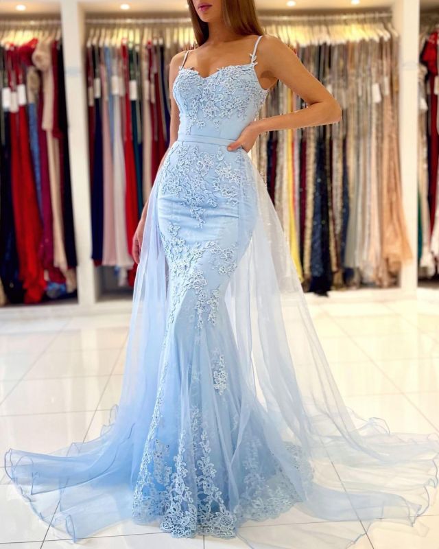 Baby Blue Mermaid Evening Dress With Overskirt Train Sexy Spaghetti Straps Lace Plus Size Prom Dresses 2021 Long Formal Party Gown Robes De Soirée