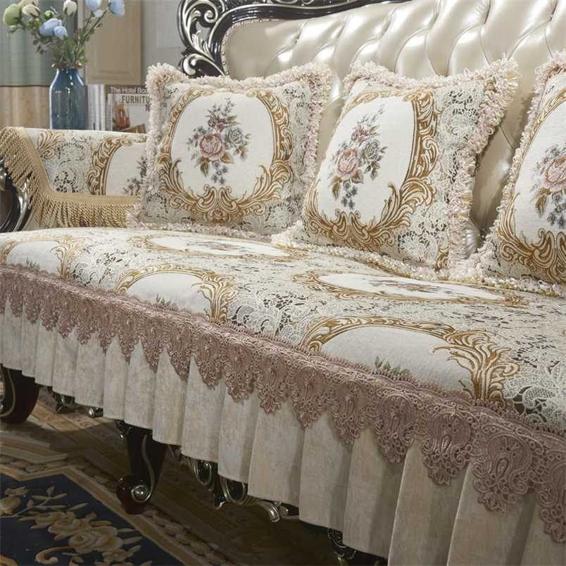 Retro Chenille Lace Sofa 1 2 3 Seater ral Leather Couch Slipcover Protector Armrest Chair Cover Anti-slip European 211102