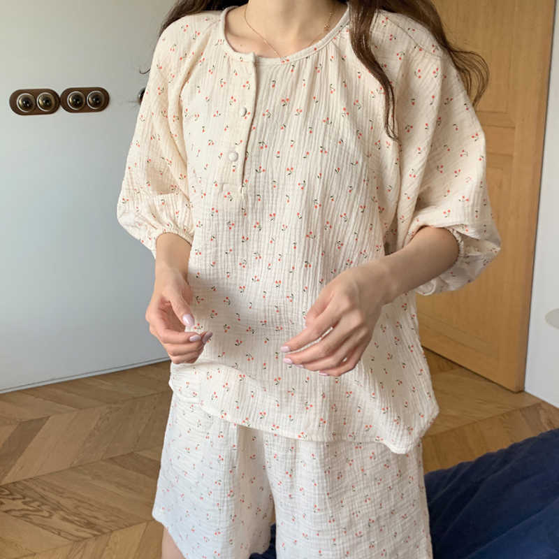 Alien Kitty Comfortable Sleepwear All Match Loose Sweet Homewear Summer Geometric Cherry Printing Chic Women Pajamas Sets 210924