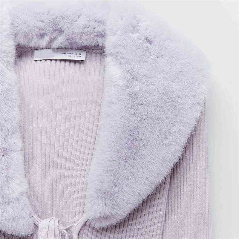 BBWM Women Sweet Fur Collar Splicing Knitting Sweater Female Lace Long Sleeve Cardigan Chic Top 211117