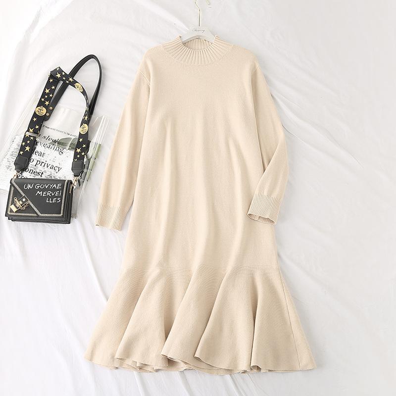 Large Female Autumn Knitted Dress Simple Mid-calf Round Neck A-line Preeey Style Ruff Solid Long Sleeves Loose Xl-4XL Casual Dresses