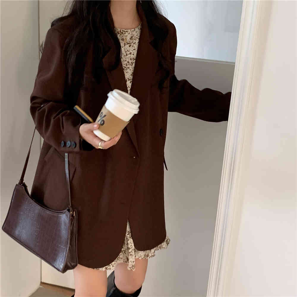 Autumn Winter Double Breasted Blazer Women Work Wear Formal Minimalist Loose Elegant OL Suit Collar Coat Female 210421