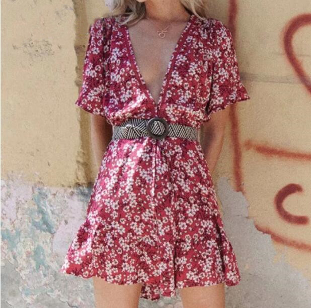 Vintage Red Floral Print Ruffles Hem Lacing Up Waist Women Dress Deep V Neck Beach Dresses Casual 210429