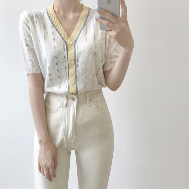 Summer Korean Knitted Hollow Cardigans Sweaters Women Ice Silk Short Sleeve V-neck Tops Color-blocked Fashion Casual 210514