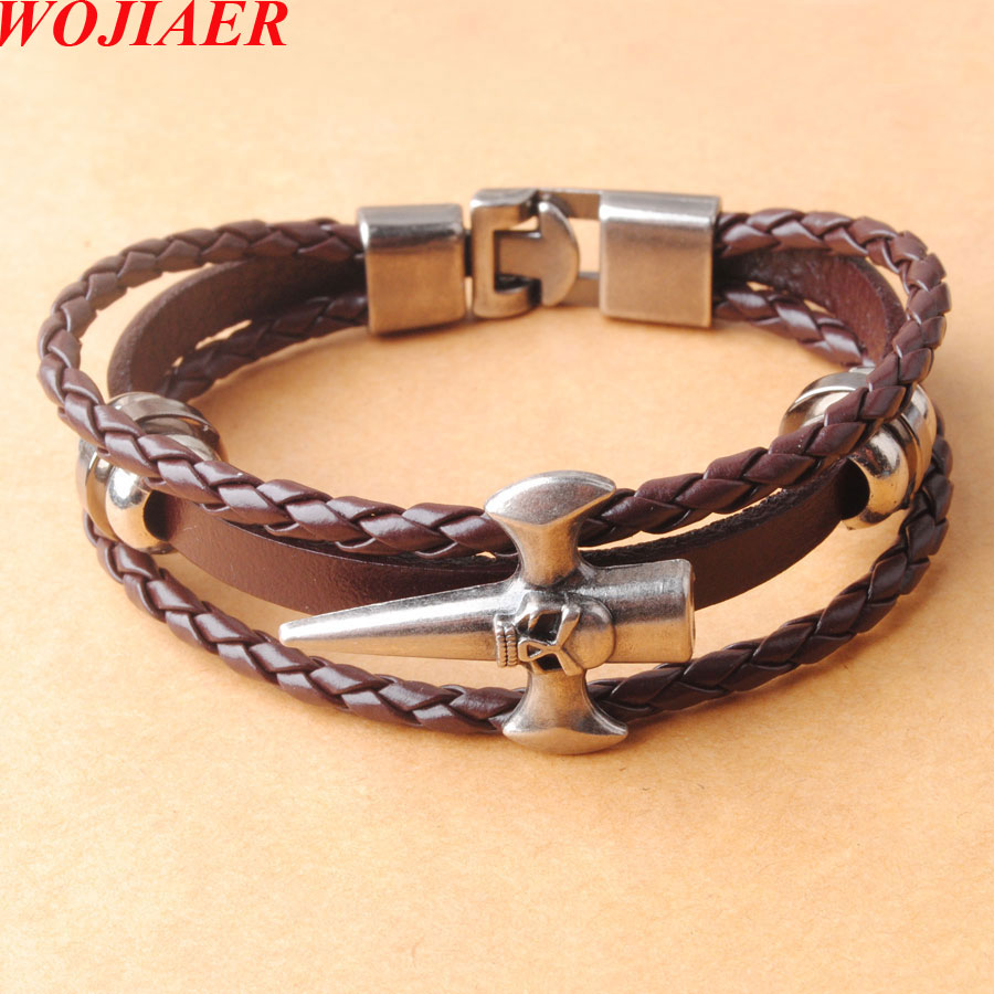 WOJIAER European Fashion Stainless Steel Skull of Cross Multilayer Leather Braid Bracelet Men's Charm Amulet Jewelry BC002