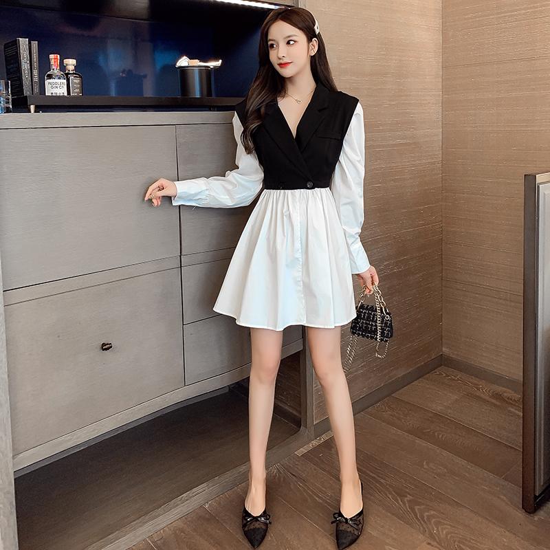 Casual Dresses 2021 Autumn French Niche Plaid A-line Waist Contrast Stitching Suit Collar Dress Long Sleeve Fashion Women