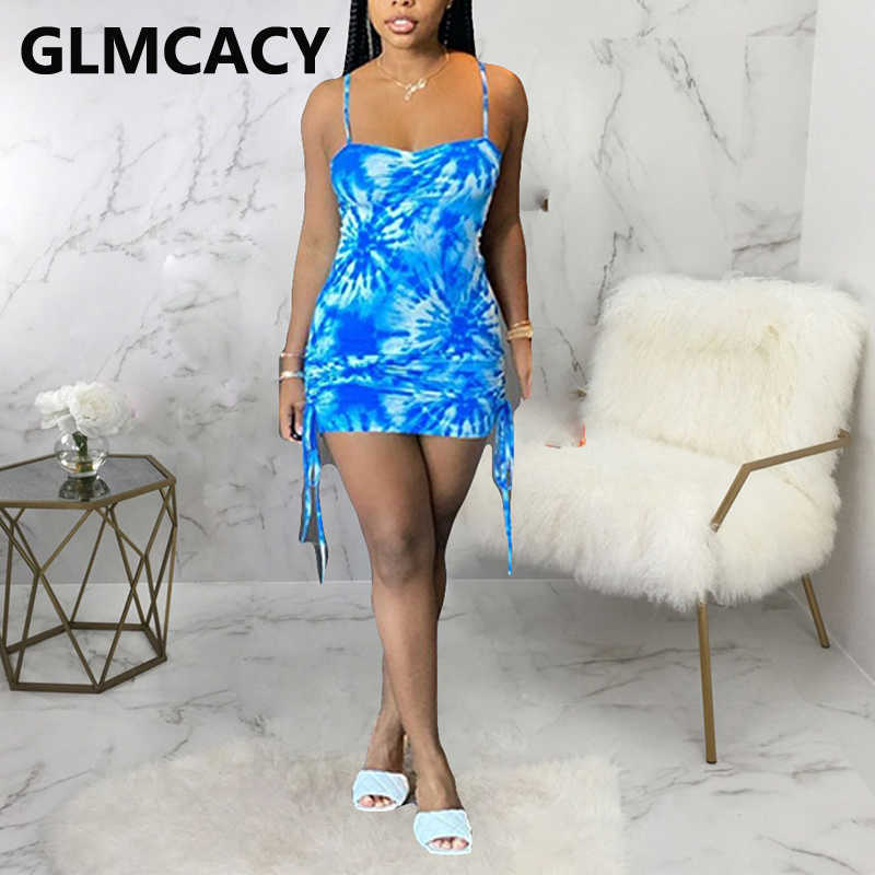 Women Spaghetti Strap Tie Dye Printed Pleated Bodycon Mini Dress 210702