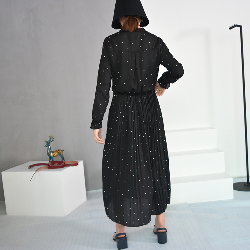 [EAM] New Spring Round Neck Long Sleeve Solid Black Chiffon Dot Loose Big Size Dress Women Fashion Tide JA23601M 210409
