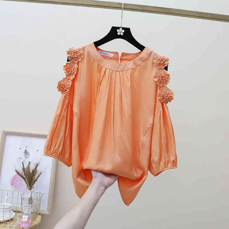 Spring and Summer Korean Loose Slim Fit Women Tops Off Shoulder Flower Embellishment Solid Chiffon Blouse 9531 210427