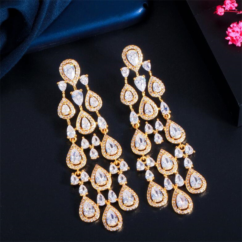 Choucong Brand Handmade Dangle Earrings Luxury Jewelry 18K Gold Fill Water Drop White Topaz CZ Diamond Banquet Party Women Wedding Long Tassels Earrin