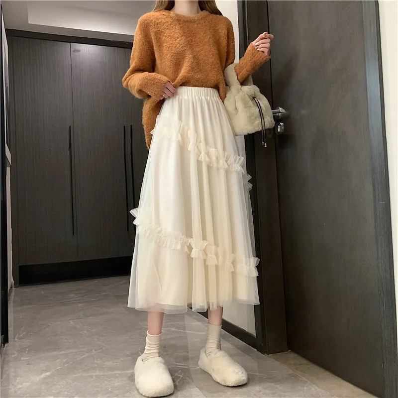 Long Kawaii Tulle Midi Skirts Womens Lolita Summer Spring Mesh Skirt Japanese Style Black High Waisted Ruched Ruffle 210421