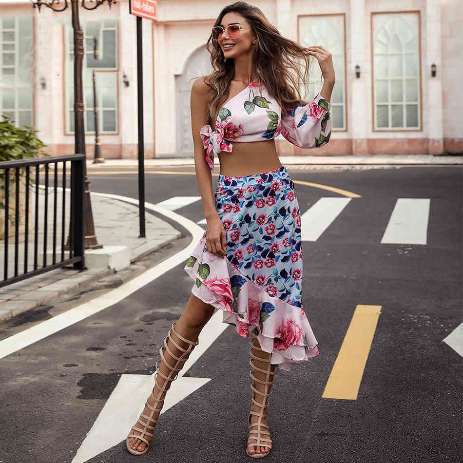 Free Printed Skirt Set Women Sexy Slanted Shoulder Lantern Long Sleeve Top & Irregular Ruffled Midi Two-piece 210524