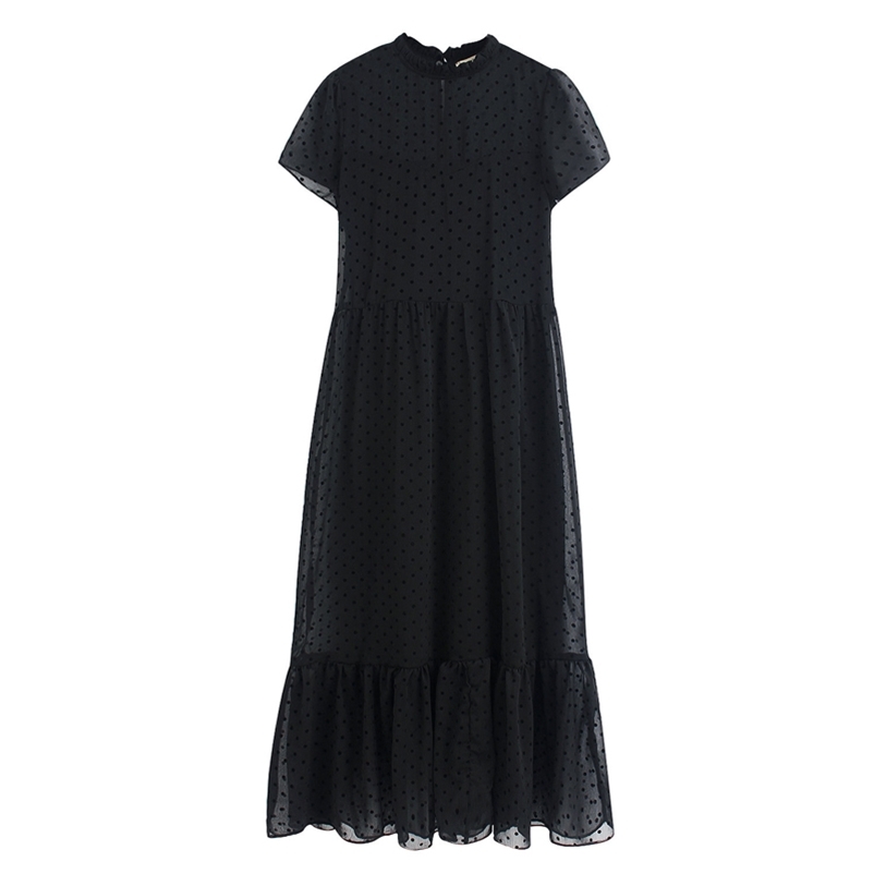 Women Summer Fashion Chiffon Dress Dot Short Sleeve O-Neck Spliced Dresses Female Casual Solid Party Elegant Dress vestidos 210409