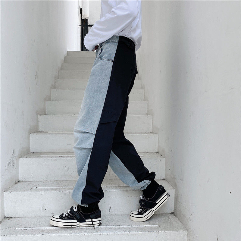 IEFB Men's Wear Color Block Patchwork Work Clothes Jeans Loose Wide Leg Fold Leg Pants Male Spring Pdenim Pants 9Y3754 210524
