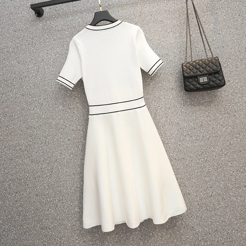 Vintage O Neck Solid Knitted Summer Dresses women plus size 4XL elegant shorts sleeve chic Vestidos Clothes 210522