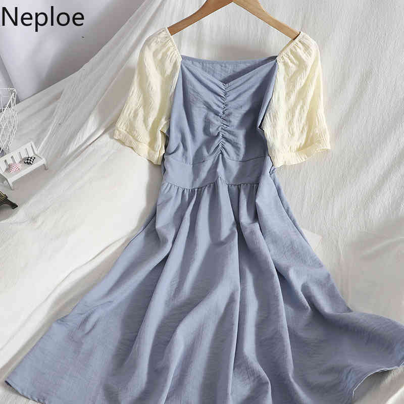 Neploe Summer Dress Women Elegant Pleated Korean Vestidos Mujer Contrast Color Patchwork Temperament Dresses Vintage Robe 4i820 210422
