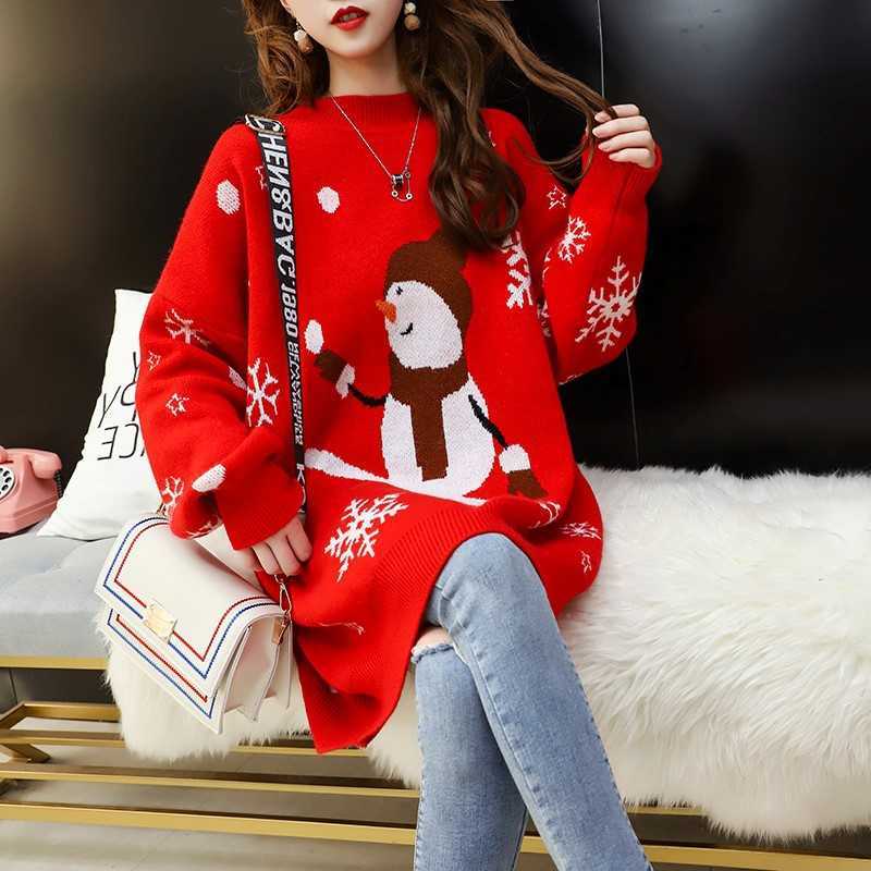 H.SA Korean Style Women Loose Style Oversize Pullover and Jumpers O NECK Snowman Snowflake Christmas Sweater Cartoon Pullover 210716
