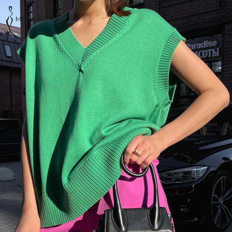 MEIYANGYOUNG Y2K Loose Knitted Vest Sweater Autumn Women's Vest Sleeveless Ladies Vintage Sweater V-Neck Pullover Tops 211009