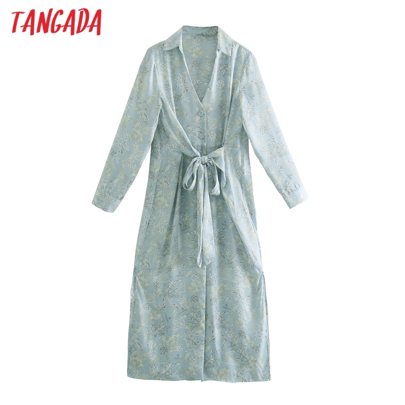 Fashion Women Flowers Print Shirt Long Sleeve Office Ladies Midi Dress with Bow JE34 210416