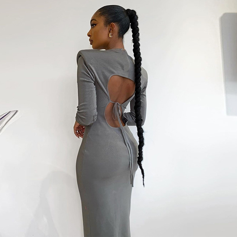 Women Dress Hollow Out Bandage Sexy Dresses Gray Long Sleeve Fashion Clothing 210513