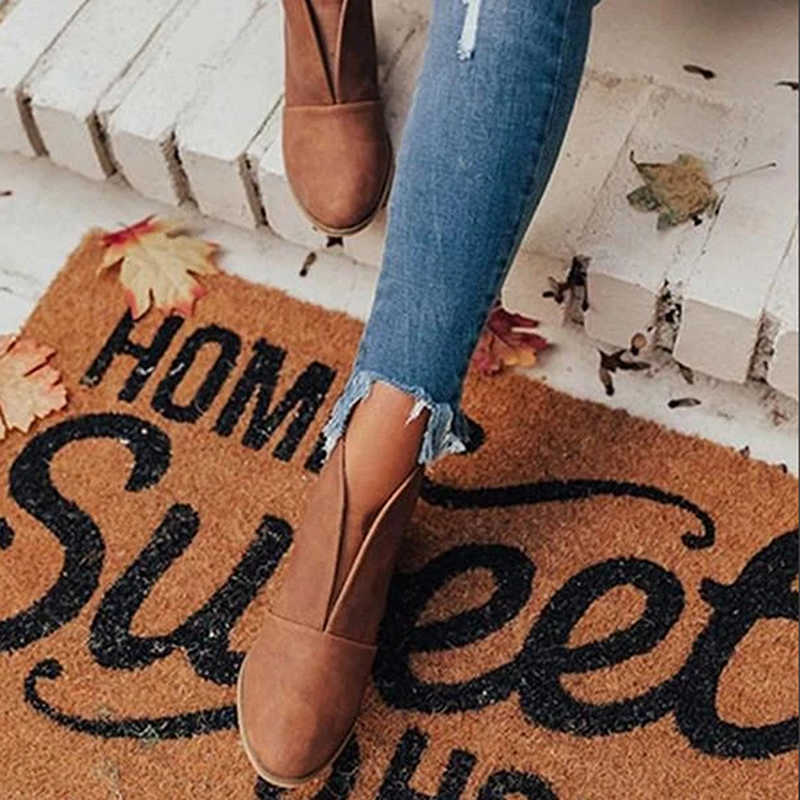 Winter Women Boots V Cutout Ankle Boots Stacked Heel Booties Fahsion Chelsea Boots PU Botas Zapatos Mujer SIze 35-43 210911
