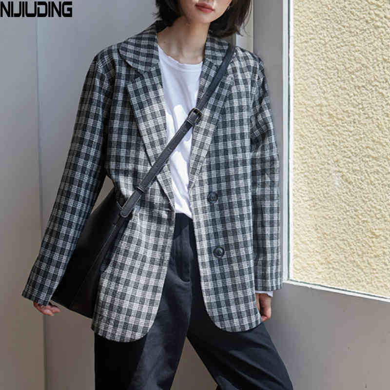 Women Elegant Plaid Blazer Jackets Spring Autumn Long Sleeve Double Button Woolen Suits Coats Female Fashion Outwear 210514