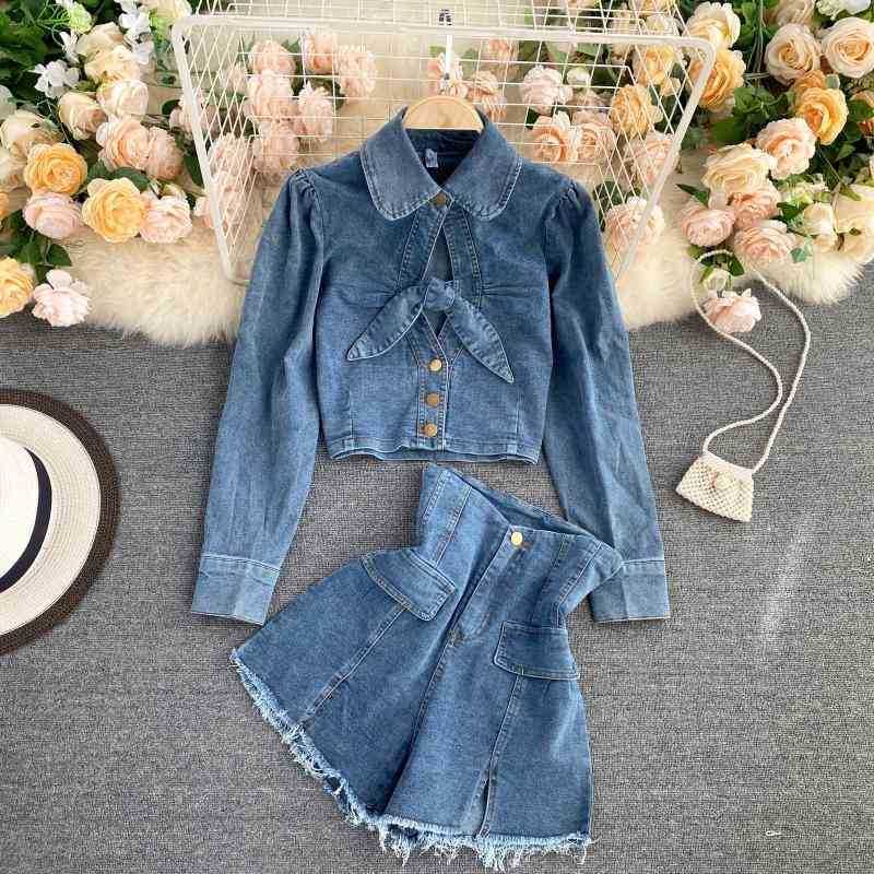 Women's retro scheming cut short tops, women's high-waisted slim skirts, denim two-piece suit 210525, Blue
Women's retro scheming cut short tops, women's high-waisted slim skirts, denim two-piece suit 210525, Blue