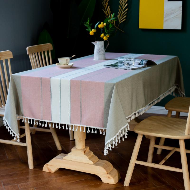 Home Striped Linens Cotton Tablecloth Tassel Protection Table Dinner Party Embroidered Banquet Cover Decorations Cloth