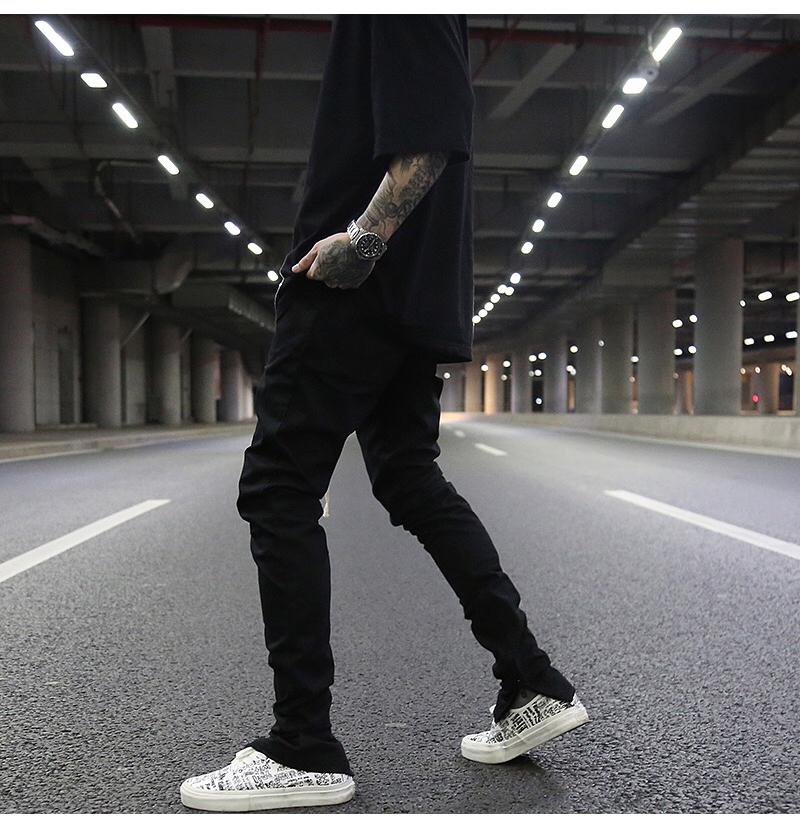 The Same Drawstring Lengthened Black All-match Zipper Slim Stretch Foot Pants High Street Fashion Brand Casual Men's