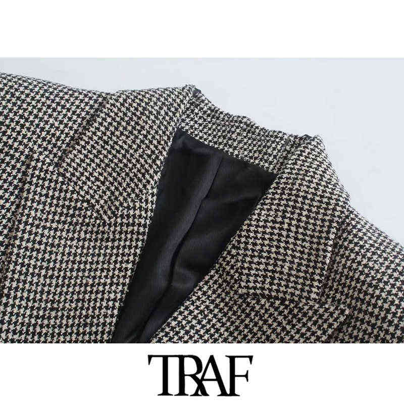 TRAF Women Fashion Houndstooth Fitted Blazer Coat Vintage Long Sleeve Flap Pockets Female Outerwear Chic Veste Femme 211122
