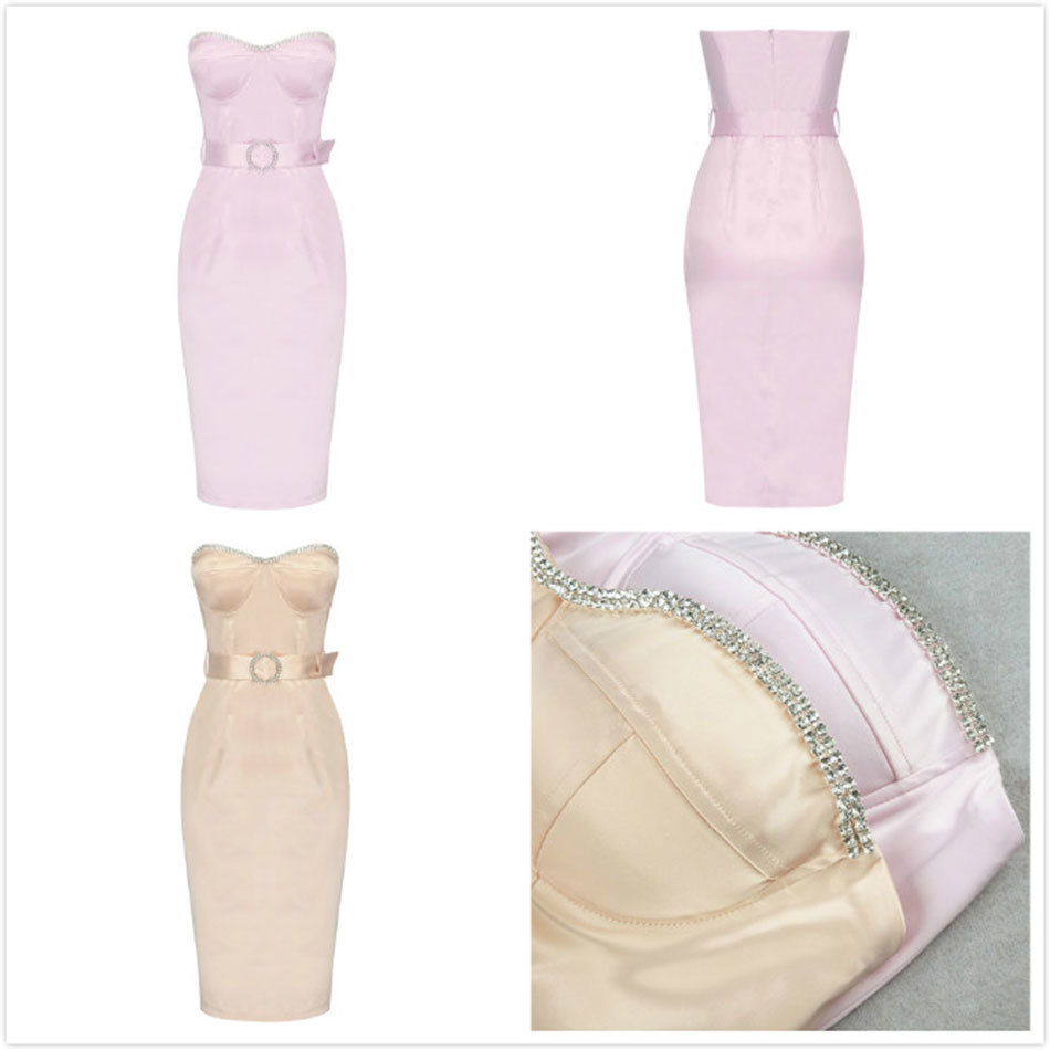 Free Women's Satin Dresses Sexy Strapless Belt Shiny Diamond Bodycon Halter Dress Club Party Vestidos 210524