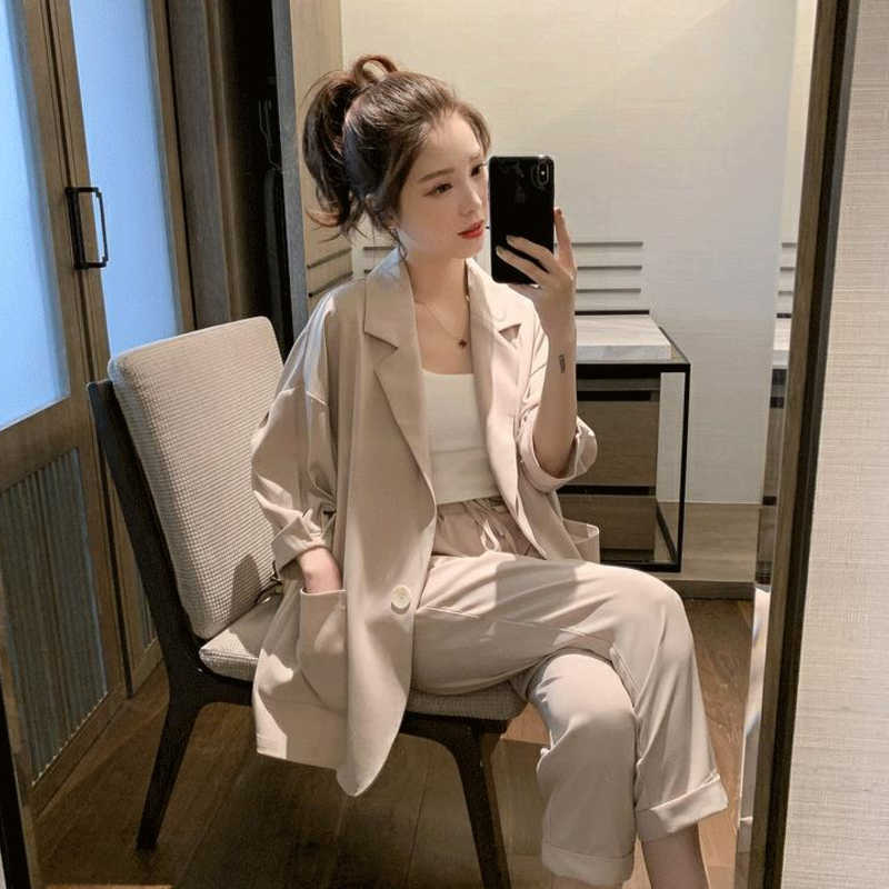 Women Plus Size Spring Summer Pants Suits Office Lady Two-Piece Set Female Casual Blazer Jacket+ Trousers Slim Fit 210930