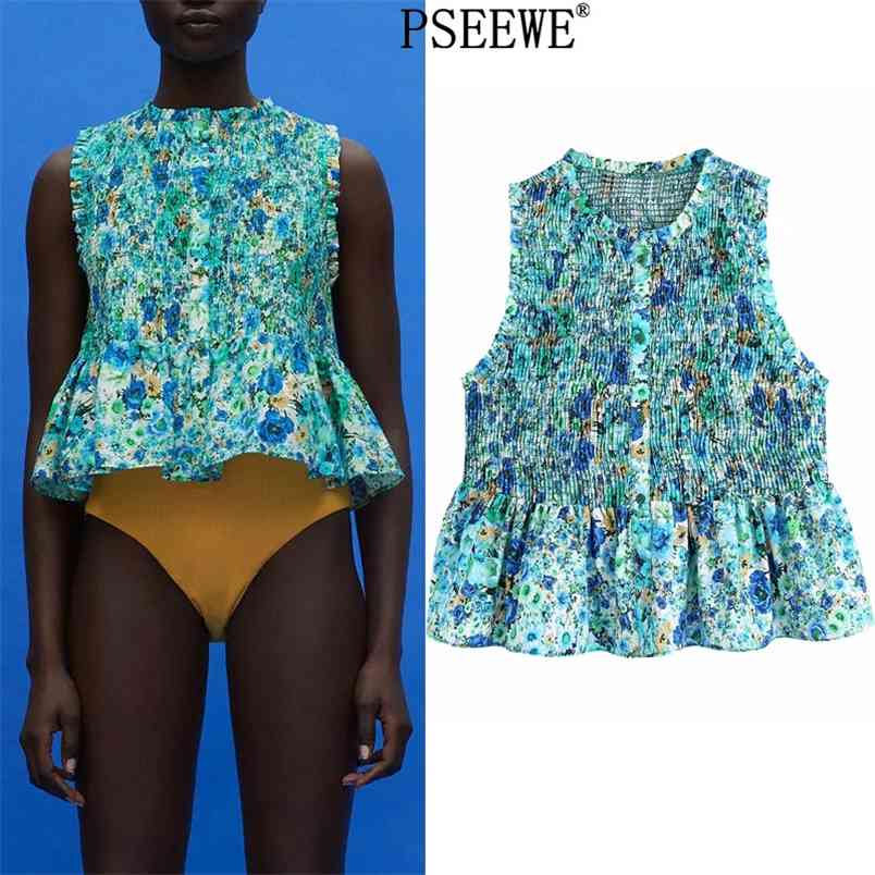 Blouses Women Floral Print Crop Top Woman Summer Elastic Ruched Sleeveless Vintage Fashion Ruffle 210519
Blouses Women Floral Print Crop Top Woman Summer Elastic Ruched Sleeveless Vintage Fashion Ruffle 210519