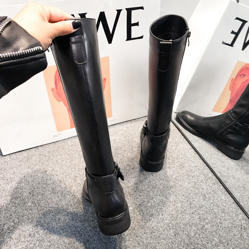 Autumn Riding Boots Women Natural Genuine Leather Zip Square Heel Knee High Buckle Round Toe Shoes Lady Winter 43 210517