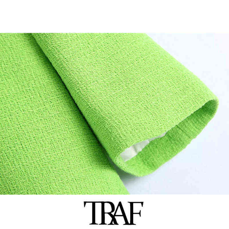 TRAF Women Fashion Double Breasted Tweed Cropped Blazer Coat Vintage Short Sleeve Female Outerwear Chic Veste Femme 211122