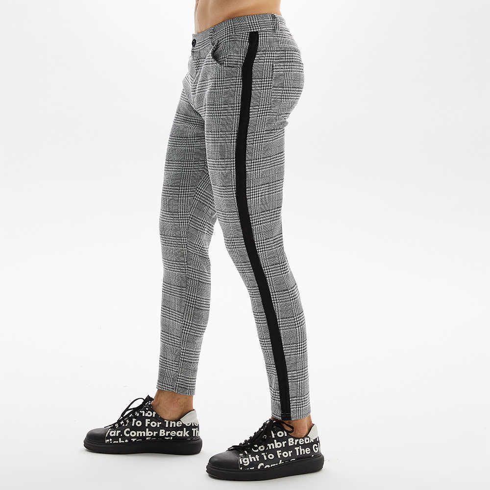 Mens Streetwear Chinos Plaid Casual Pants Fitness Men Skiny Bottom Jogger Sweatpants Fashion Trousers Stripe Track 210818