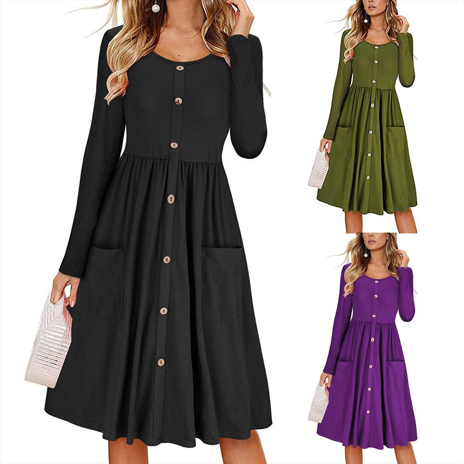 summer casual long sleeve womens dresses pocket button solid design knee length vestidos mujer verano, Black;gray
summer casual long sleeve womens dresses pocket button solid design knee length vestidos mujer verano, Black;gray