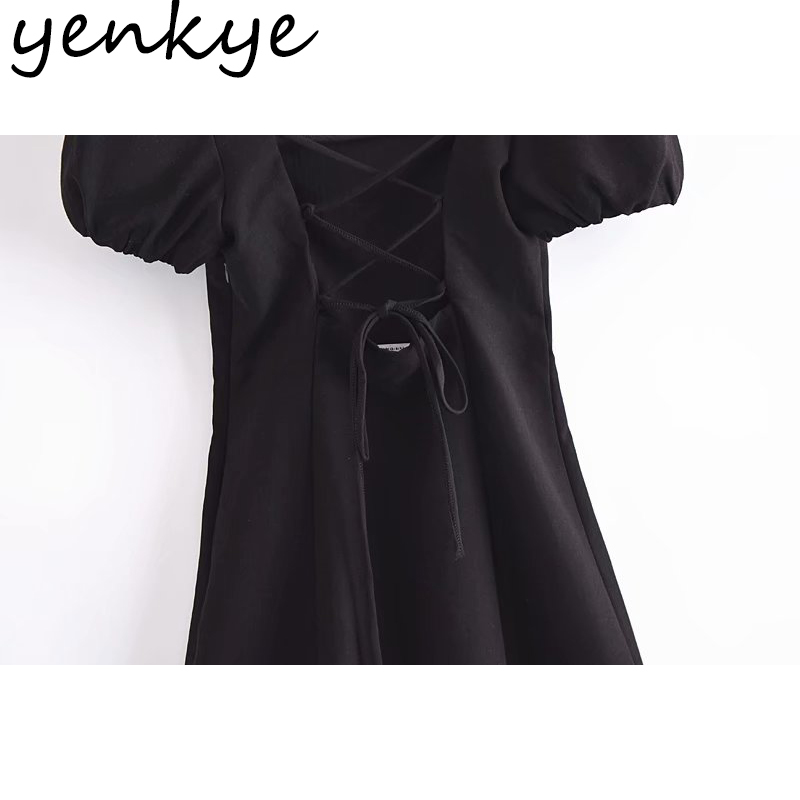 Vintage Black Linen Dress Summer Women Sexy Backless Lacing Puff Sleeve Square Neck Vestido Mujer Party Short Dresses 210430