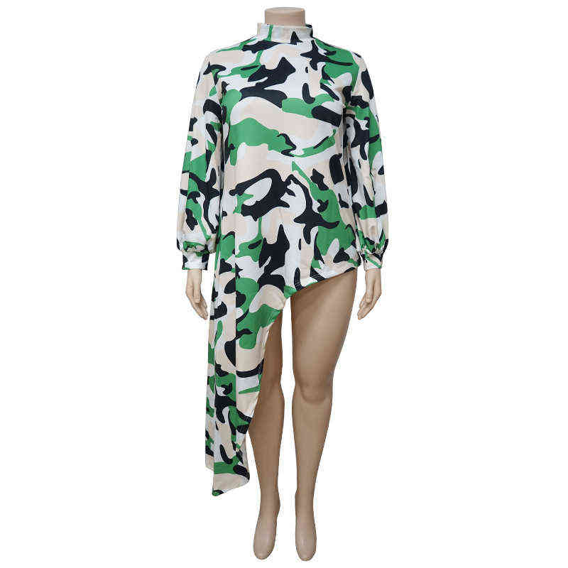 Plus Size Tops L-4xl Wholesale Long Sleeve Shirts for Women Camouflage Loose Casual Irregular Hem Polyester Blouses Drop 211106